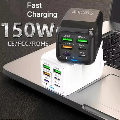 New 150W Fast Charger Mobile Phone Wall Adapter 3Type-C+3USB Multi Port Adapter Super Fast Charging for iPhone Samsung Huawei