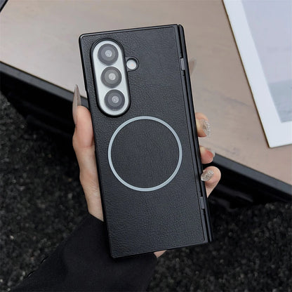 For Samsung Galaxy Z Fold 7 5 4 3 Case Leather Pattern For Magsafe Magnetic Case For Galaxy Z Fold6 Fold7 Wireless Charge Cover