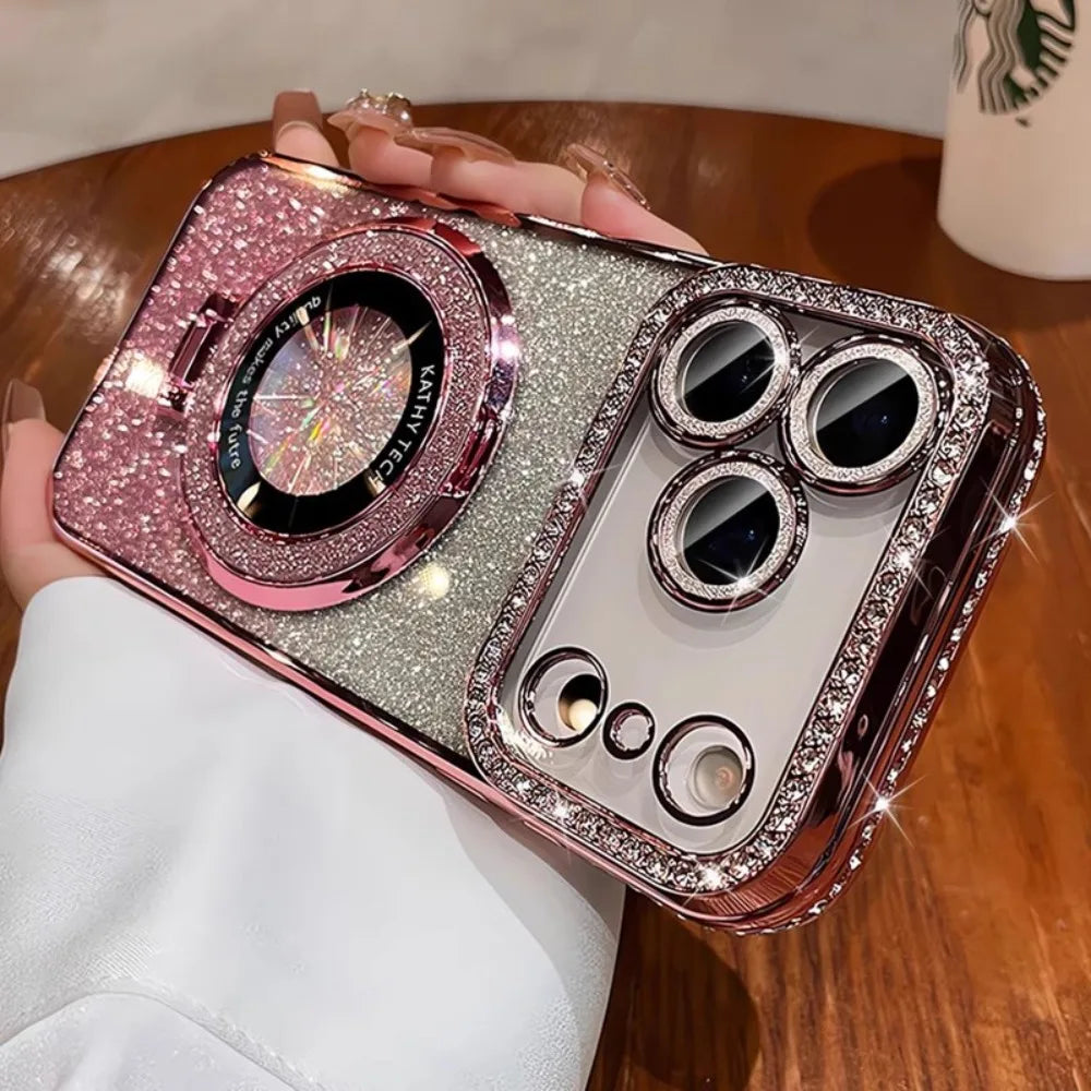 Suitable for iPhone17/16/15/14/13/12/11 Case With Lens Film 16 Anti-drop 15 Rhinestone Glitter Magnetic Stand