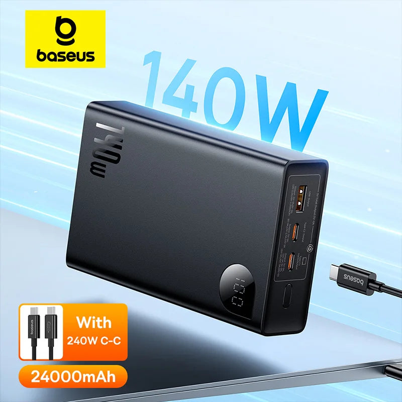 Baseus 140W Power Bank 24000mAh Fast Charging Portable Battery Charger 3 Output Ports for iPhone 16 Pro Max Notebook Tablet