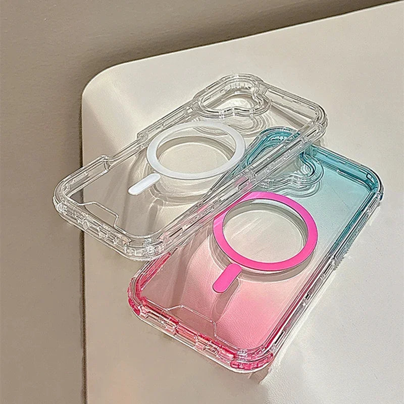 3 IN 1 Gradient Clear Magnetic Shockproof Case For iPhone 16 15 14 13 12 11 Pro Max Ultra Slim Anti Slip Wireless Charging Cover