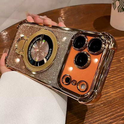 Plating for Magsafe Glitter Bracket Case for iPhone 17 16 15 Pro Max 14 Plus Air 11 12 13 Gradient Stand Airbag Shockproof Cover