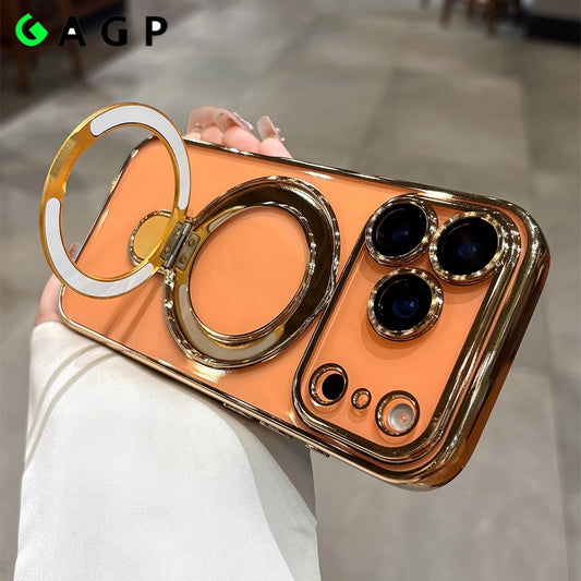 for iphone 17 Air Case Plating Magsafe Magnetic Bracket Case for iPhone 17 16 Pro 13 12 Max 15 14 16 Plus 17PRO Transparent Cove