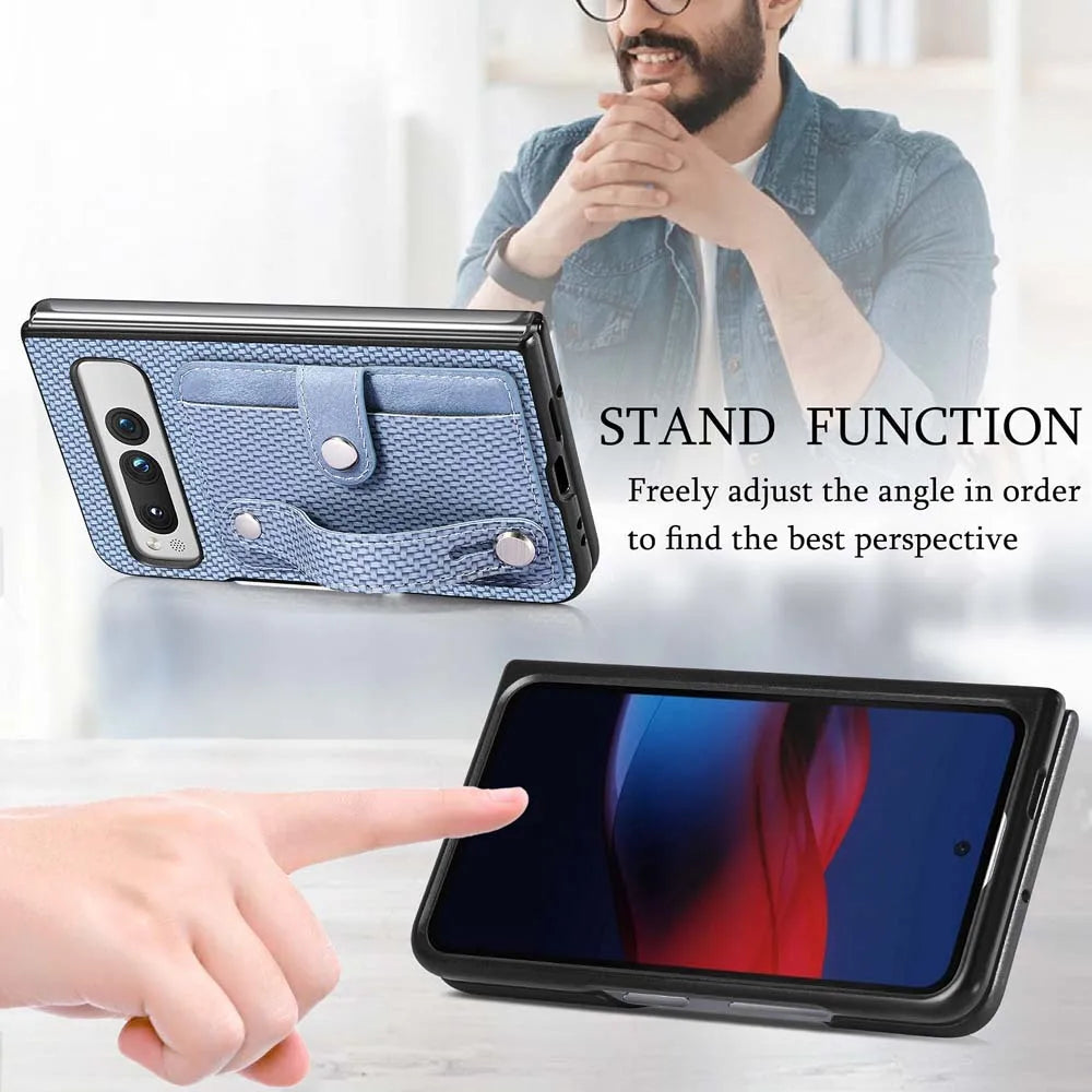 for Google Pixel Fold Case Shockproof Protect Lens Wristband Card Slot Stand Holder Shell PU Leather Carbon Texture Cover Fundas