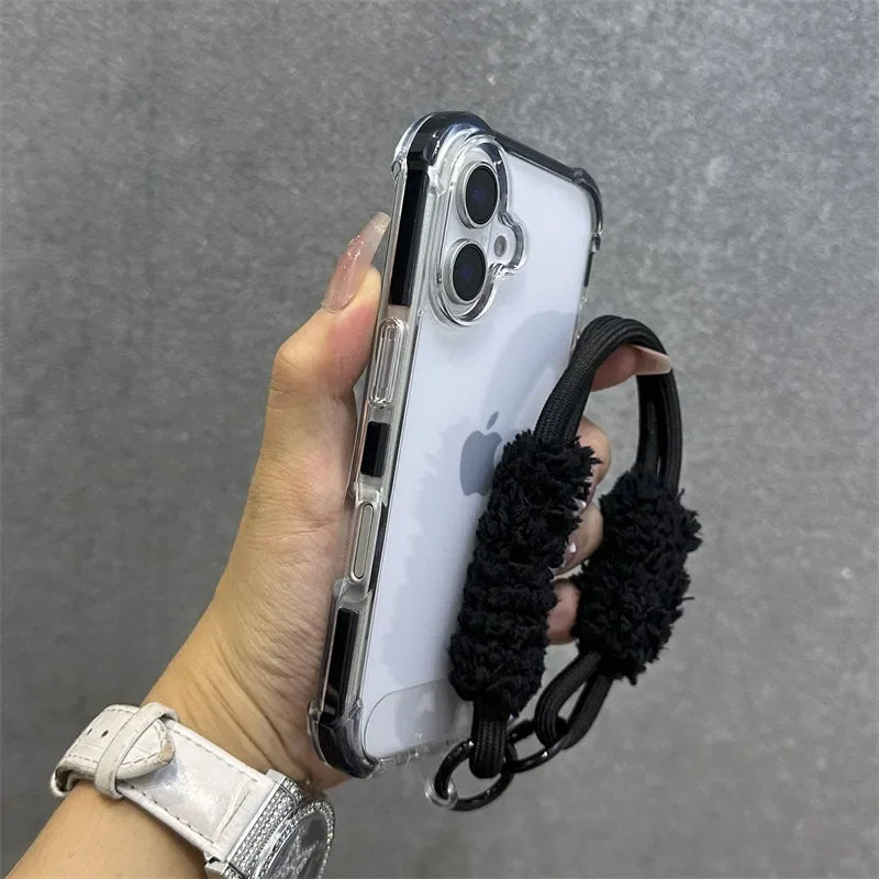 Hybrid Color Transparent Armor Case For iPhone 16 15 14 11 12 13 Pro Max Plus X Xr Xs Plush Wrist Strap Airbag Shockproof Cover