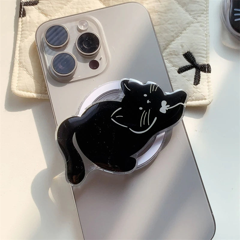 Korean Cute Cartoon Black Cat For Magsafe Magnetic Phone Griptok Phone Holder Stand Universal Phone Ring Grip Tok For iPhone 15