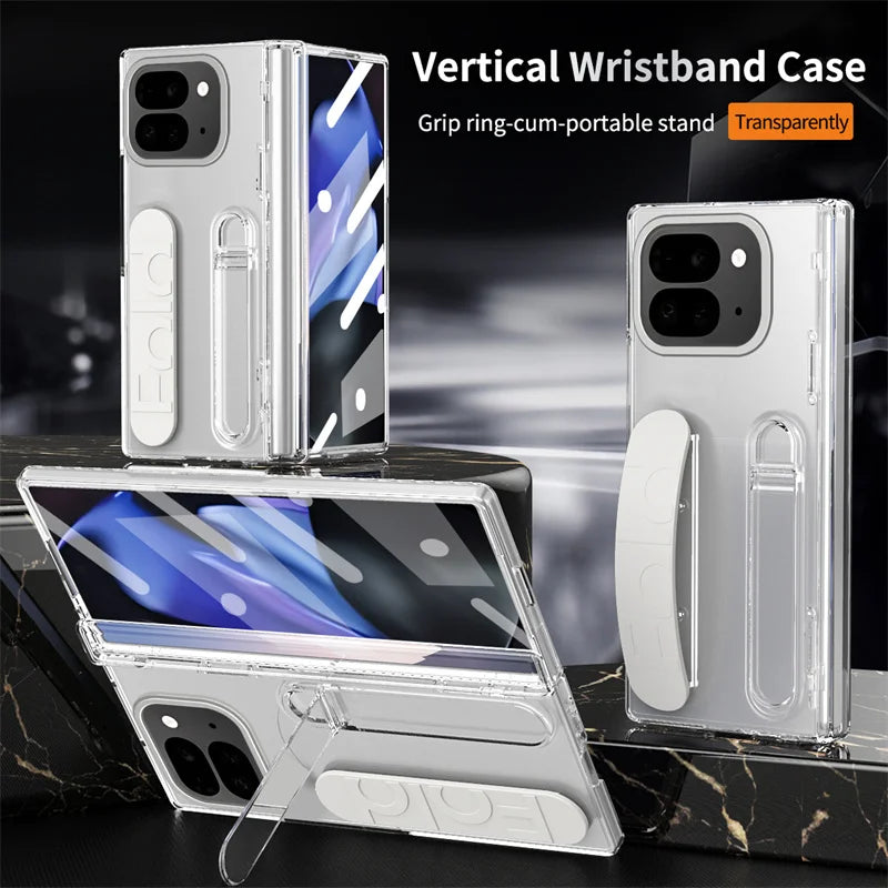 For Google Pixel 9 10 Pro With Hinge Phone Case Wristband Wrist Strap Stand Screen Protection Film Shockproof Protecion Cover