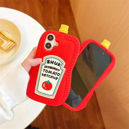 Funny 3D Cartoon Ketchup Phone Case For iPhone 16 15 14 13 12 Pro Max Tomato Soft Silicone Cover