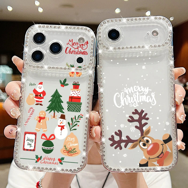 For iPhone 17 Pro Max Case Christmas Elk Santa Claus Diamond Cover For iPhone 13 14 15 12 11 16e 17 Air Funda iPhone 16 Pro Max