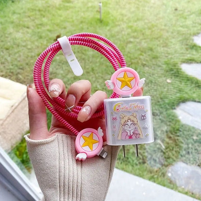 Pink kawaii Sailor Moon peripherals iPhone13 data line protect Wire winding Rope Charger Soft shell smart cover iPhone currenc