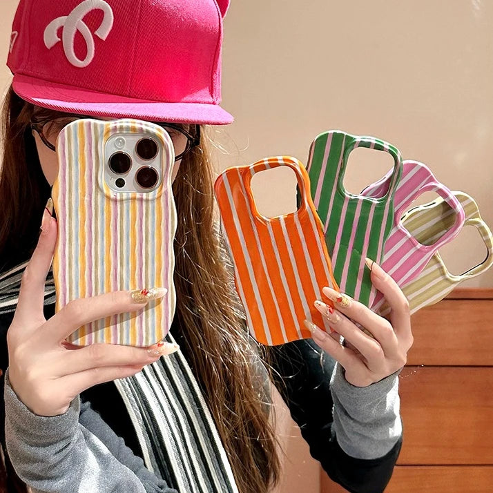 Luxury Color Contrast Stripes Wave Case for iPhone 16 15 14 Pro Max 12 13 Colorful Curly Border Glossy Hard Ultra Slim Cover