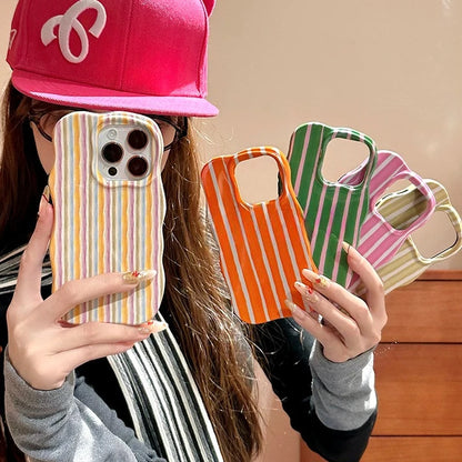 Luxury Color Contrast Stripes Wave Case for iPhone 16 15 14 Pro Max 12 13 Colorful Curly Border Glossy Hard Ultra Slim Cover