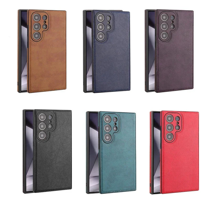 Luxury Vintage PU Leather Case for Samsung S25 Ultra S24 Plus S23 S22 S24Ultra Slim Camera Shockproof Soft Bumper Back Cover