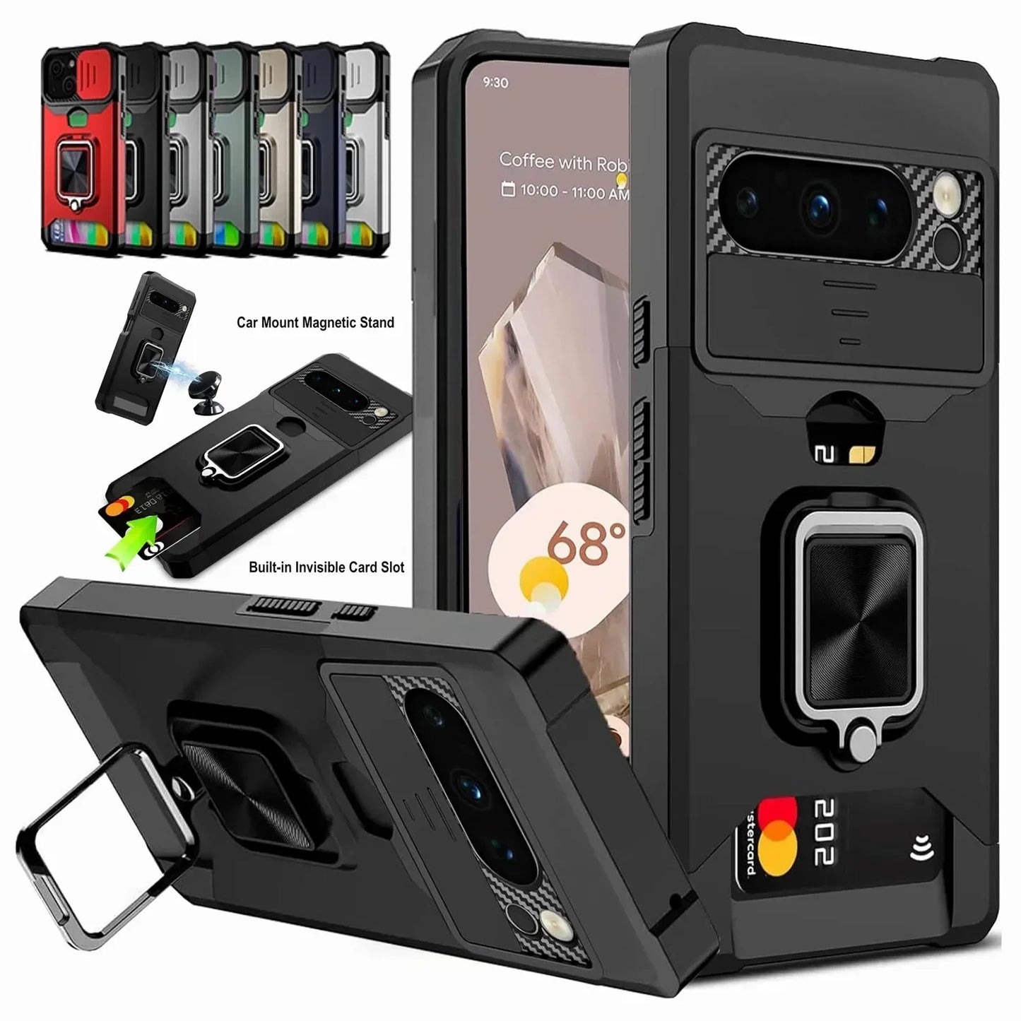 Case for Google Pixel 9A  9 Pro XL 8 7A 7 6 A Pro Slide Camera Card Holder Slot Wallet Protective With Ring Stand Cover