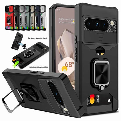 Case for Google Pixel 9A  9 Pro XL 8 7A 7 6 A Pro Slide Camera Card Holder Slot Wallet Protective With Ring Stand Cover