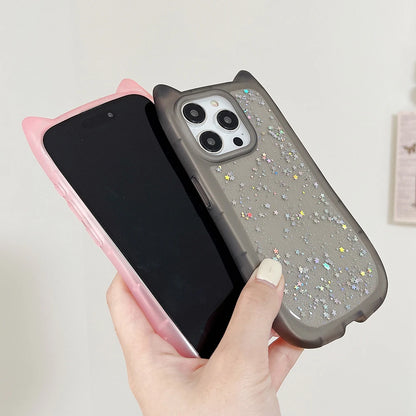 Cute Cartoon Cat Ear Glitter Sequins Transparent Case  For iPhone 16 15 Plus 14 Pro Max 13 12 11 Soft Silicone Shockproof Cover