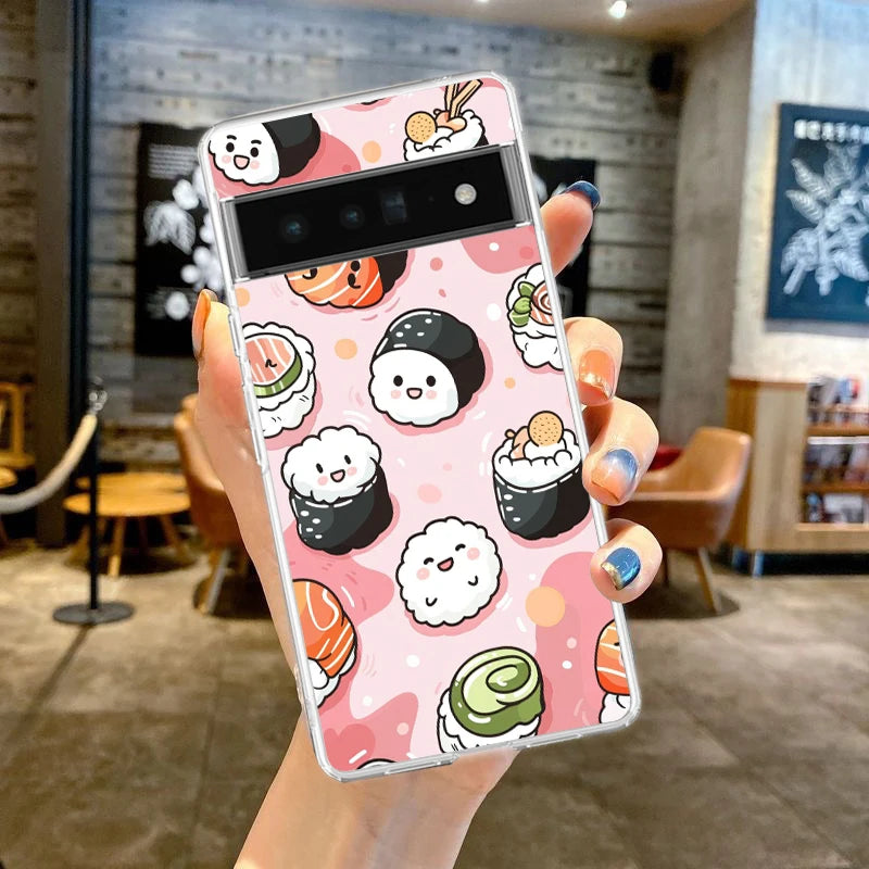 Phone Case For Google Pixel 9 8 7 6 9A 8A 7A 6A 5 4 5A 4A 3A Pro XL Soft Clear TPU Transparent Cover Cute Cartoon Sushi