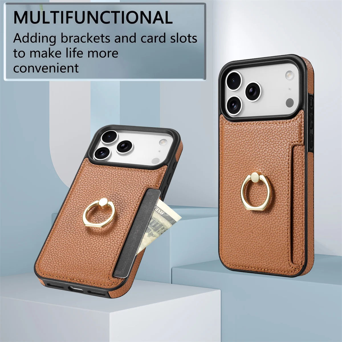 Leather Wallet Card Solt Phone Case for IPhone 11 12 13 14 15 Plus 16 17 Pro Max 17 Air 16E Ring Holder Protective Cover