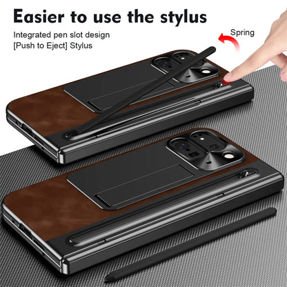 Folding Screen Luxury Retro Leather Phone Case For Google Pixel 9pro Tempered Glass Front Film Pen Slot Phone Cover