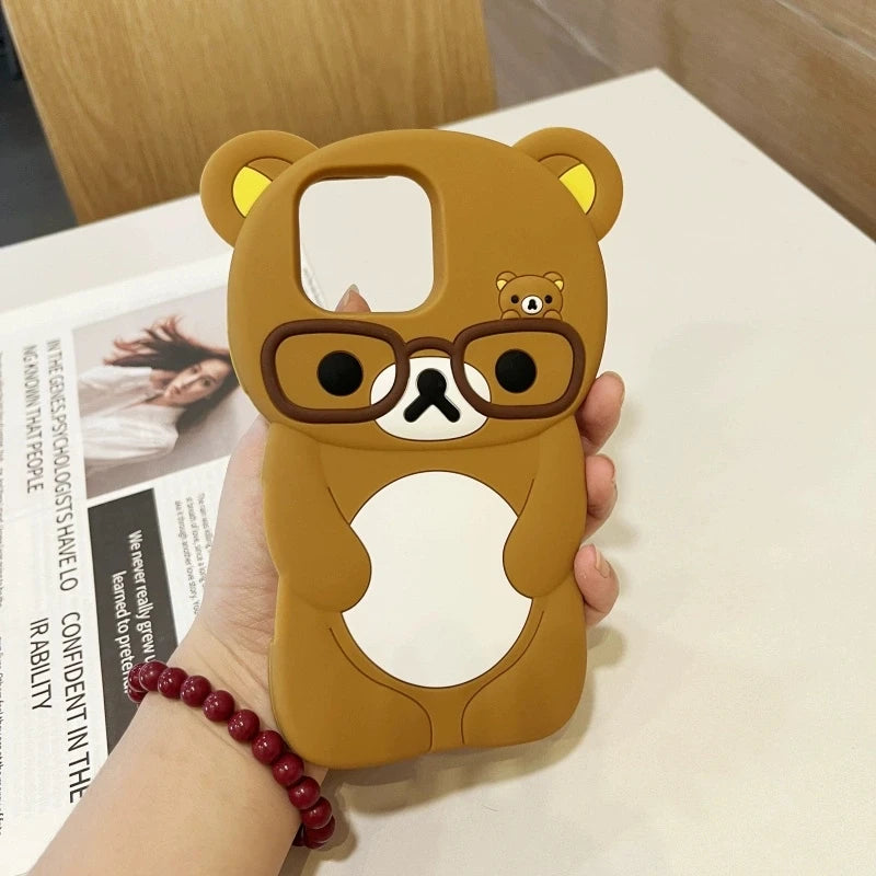 For iPhone 16 15 14 13 12 11 Pro Max mini Plus Xs XR 6 7 8 Plus Glasses Rilakkuma Bear Silicone Soft Cover Case