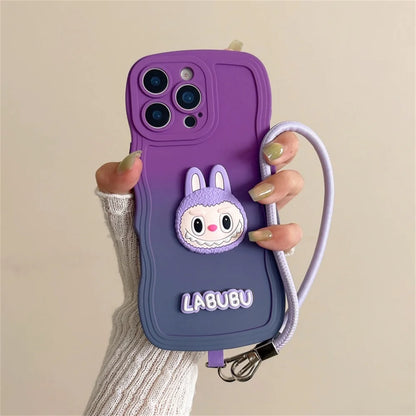 Cartoon Cute Animals Gradient Wavy Soft Phone Case with Wrist Strap For iPhone 16 Pro Max 16e 15 14 Plus 13 12 11 X XR XS 7 8 6