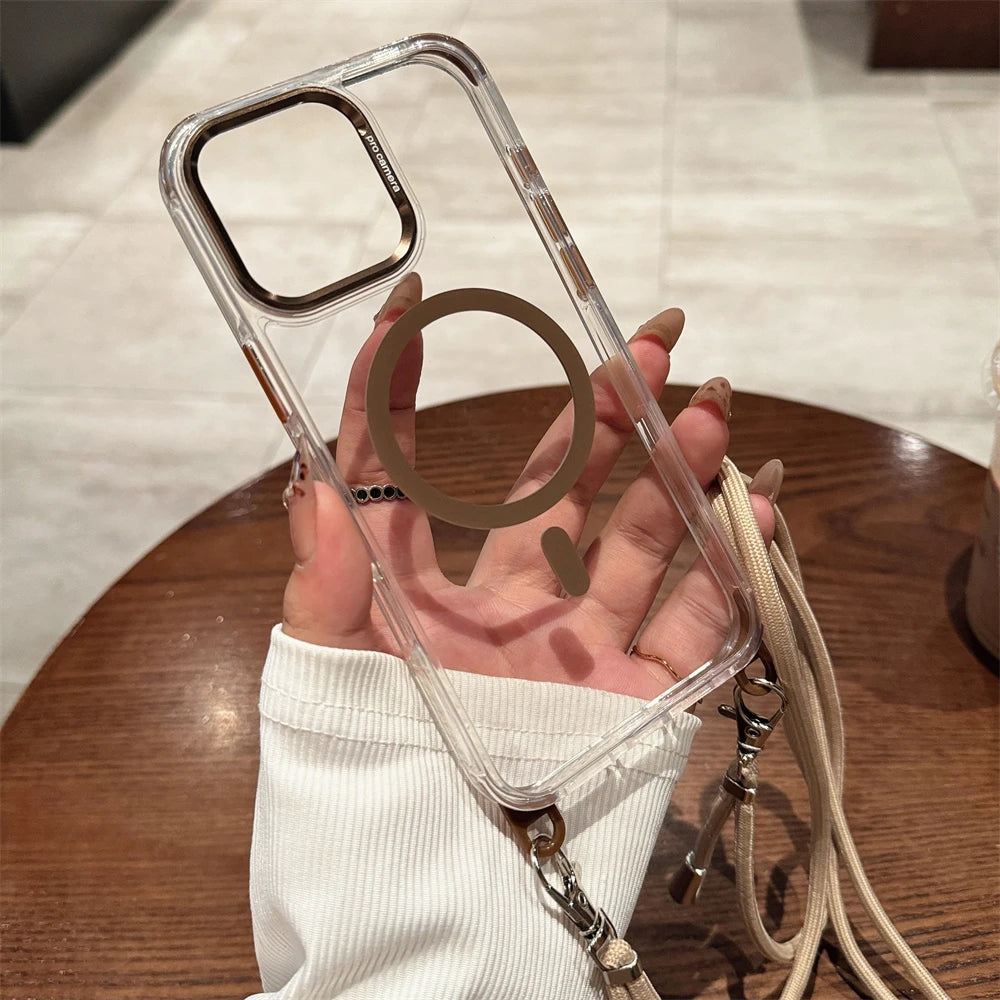 Crossbody Lanyard Necklace Transparent Magnetic For Magsafe Phone Case for iPhone 15 11 12 13 14 16 Pro Max Plus Anti-lost Cover