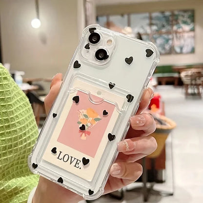 Case For iPhone 16 15 14 13 12 11 Pro Max Black White Love Heart Clear Phone Cover For iPhone XS X 7 8 Plus Wallet Card Bag Case