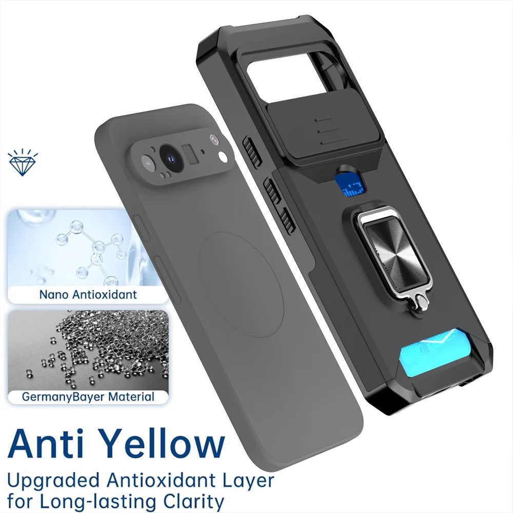 Slide Camera Protection Magnetic Phone Case For Google Pixel 9 8 8A Pro 7A 7 6 6A 5 5A Luxury Push Card Folding Ring Stand Cover