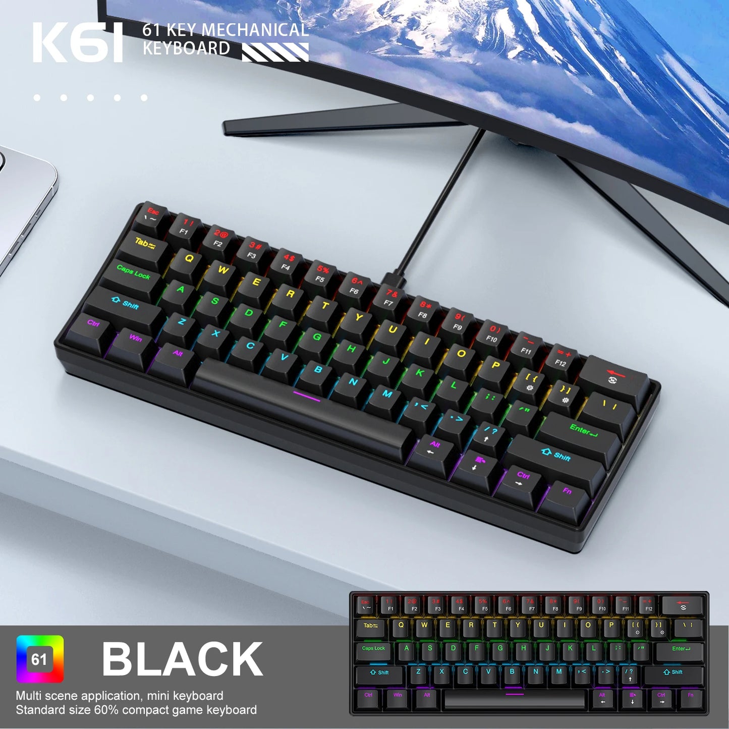 APAYADO K61 60% Wired Mechanical Gaming Keyboard Phantom RGB, 61 Keys, Red/Blue Switch, ergonomic, Portable Mini for PC/Laptop