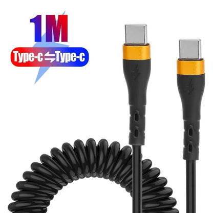 PD 120W Type C To Type C Cable 5A Fast Charge USB C Spring Car Charger Cable For iPhone 15 Series Xiaomi 12 Samsung S23 Macbook