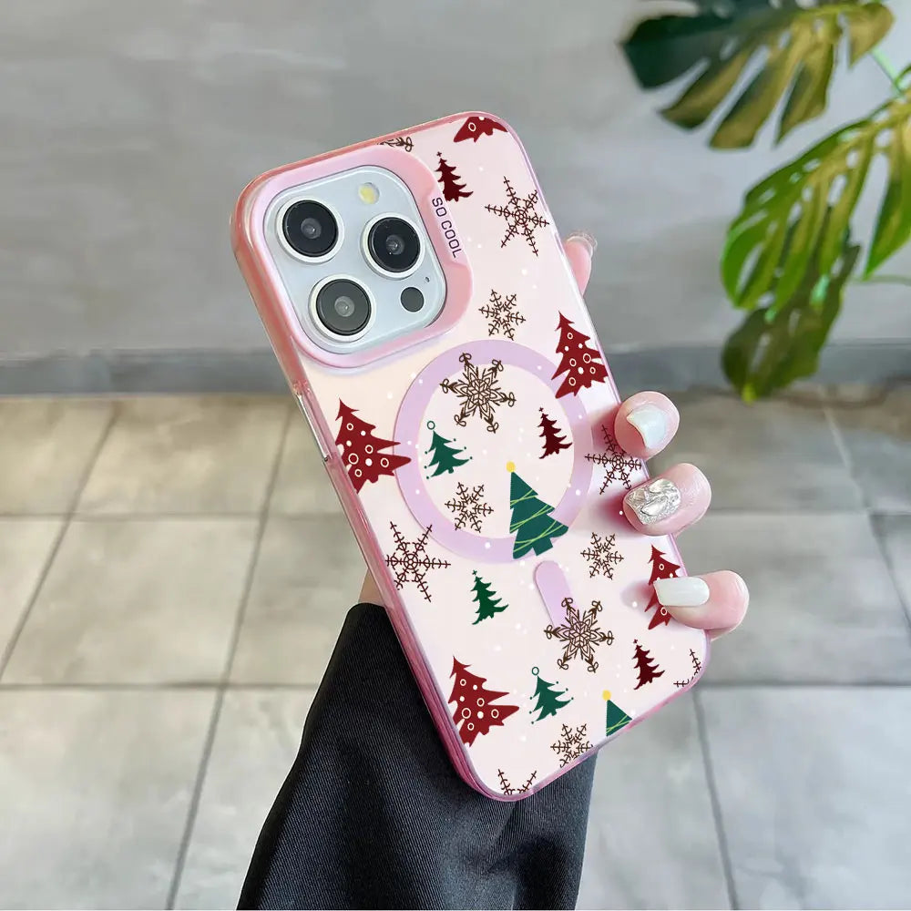 Christmas Pattern Magsafe Magnetic Case for iPhone 11 12 13 14 15 16 Pro Max Plus Soft Silver Plated Anti Fall Cover