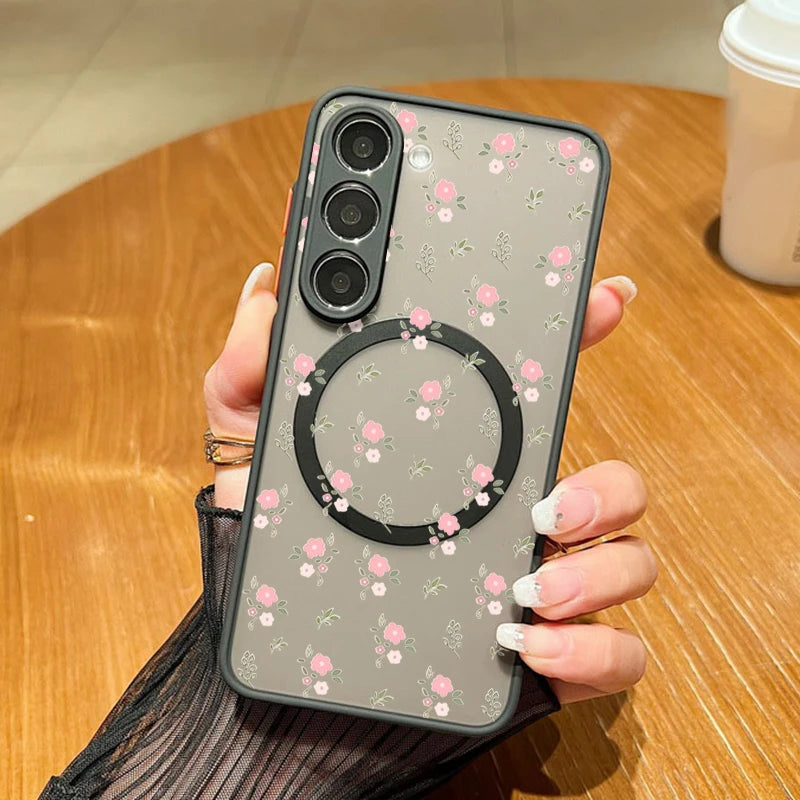 For Samsung Galaxy A14 A15 A55 A54 A56 A25 S25 Edge S24 S23 S22 Ultra Plus S21 S25 FE Flowers Case Magnetic Magsafe Matte Cover