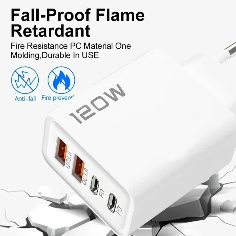 120W 4 Port USB C Charger PD3.0 Fast Charging Station Data Cable Wall Adapter For iPhone Samsung Xiaomi Redmi Huawei EU US Plug