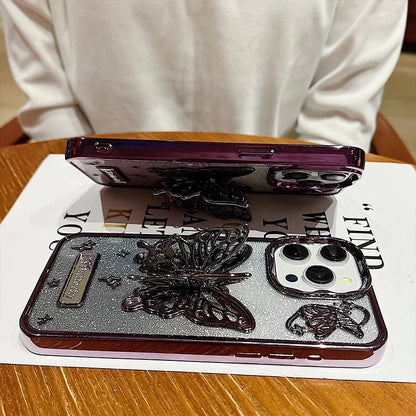 Butterfly Stand Plating Phone Cases For IPhone 16 15 Pro Max 14 13 12 11 Gradient Glitter Protect Shockproof Back Cover