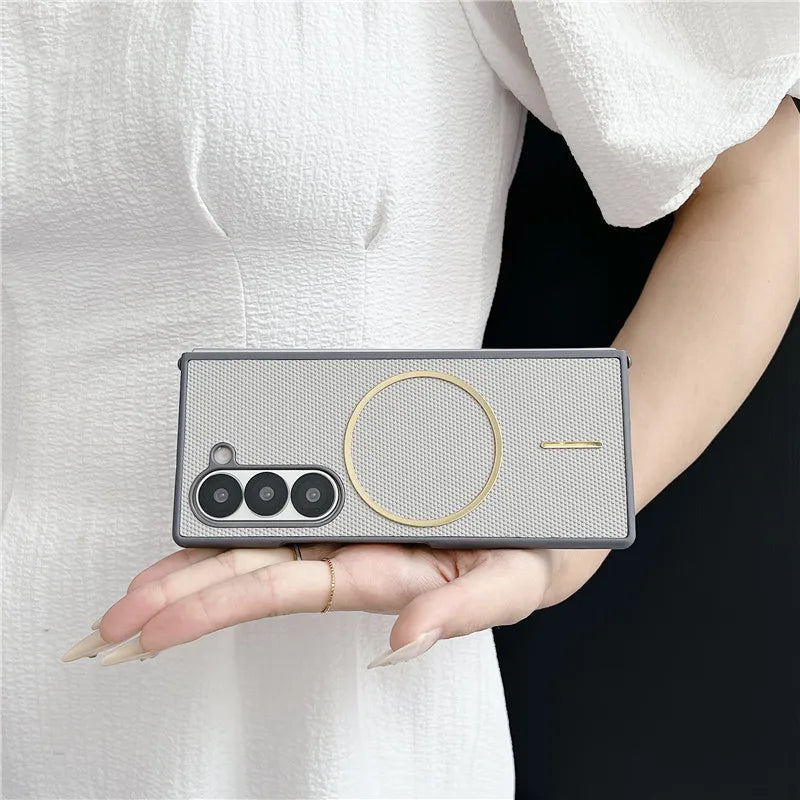 Business Leather Gold Magnetic Coil Phone Case For Samsung Galaxy Z Fold 7 Z Fold6 Fold 5 4 3 Luxury Full Protective Thin Cover