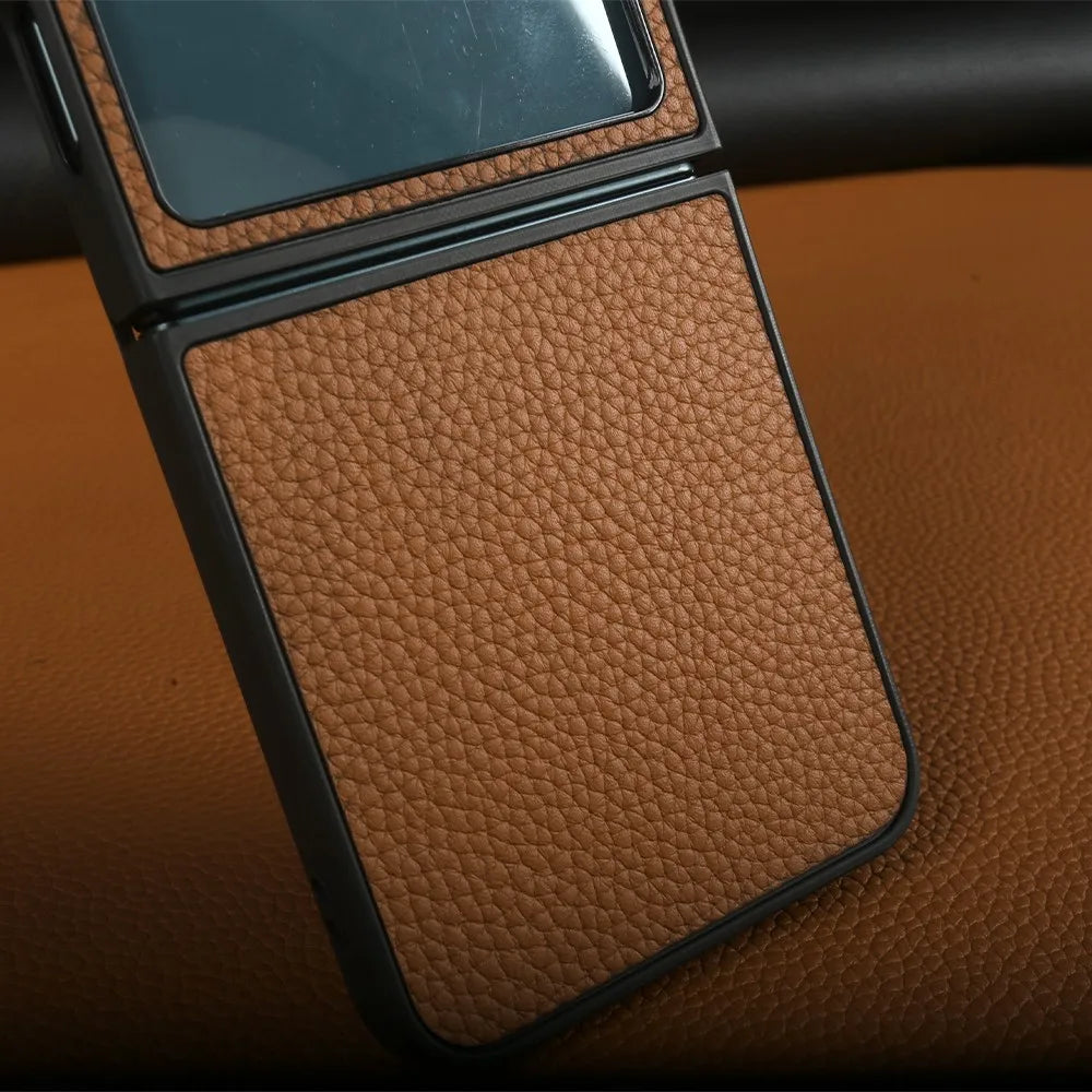 Luxury Genuine Leather Case For Samsung Galaxy Z Flip6 Cases for galaxy Z Flip 6 phone Cover Litchi Pattern Cowhide Coque Shell