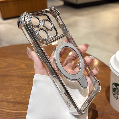 for Magsafe Glitter Bracket Plating Case for iPhone 17 16 15 Pro Max 14 Plus 11 12 13 Air Ring Holder Bling Airbag Bumper Cover