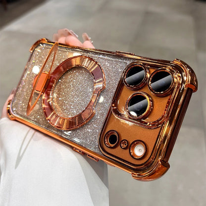 for Magsafe Glitter Bracket Plating Case for iPhone 17 16 15 Pro Max 14 Plus 11 12 13 Air Ring Holder Bling Airbag Bumper Cover