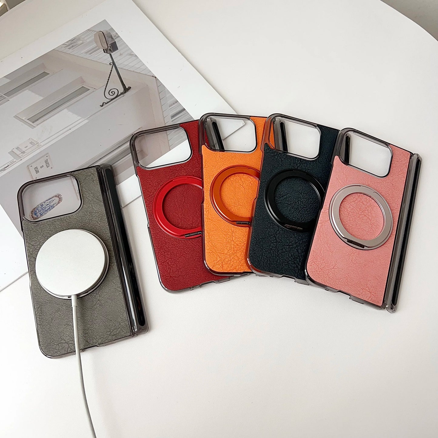 360° Rotatable Ring Holder Premium PU Leather Magnetic Wireless Charging Kickstand Back Cover for Google Pixel 9 10 Pro Fold