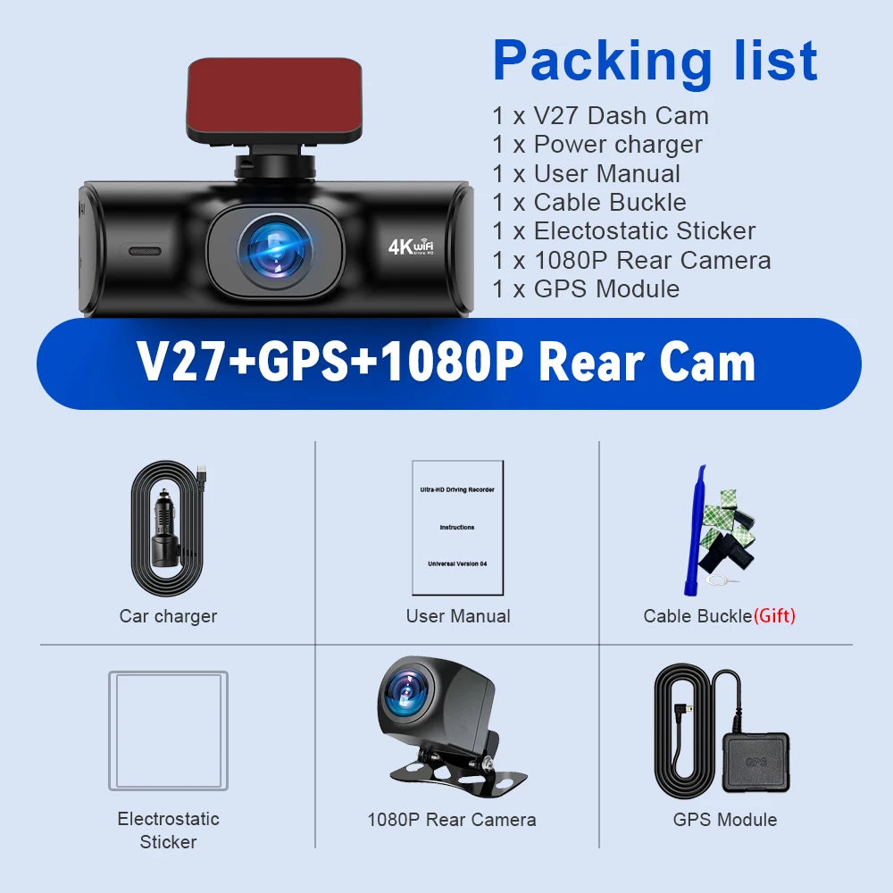 Soam 4K Full HD Dual Dash Camera,Front 4K+Rear 1080P,Built-in WiFi,1.97" IPS Screen,Night Vision,WDR,24H Parking Monitor