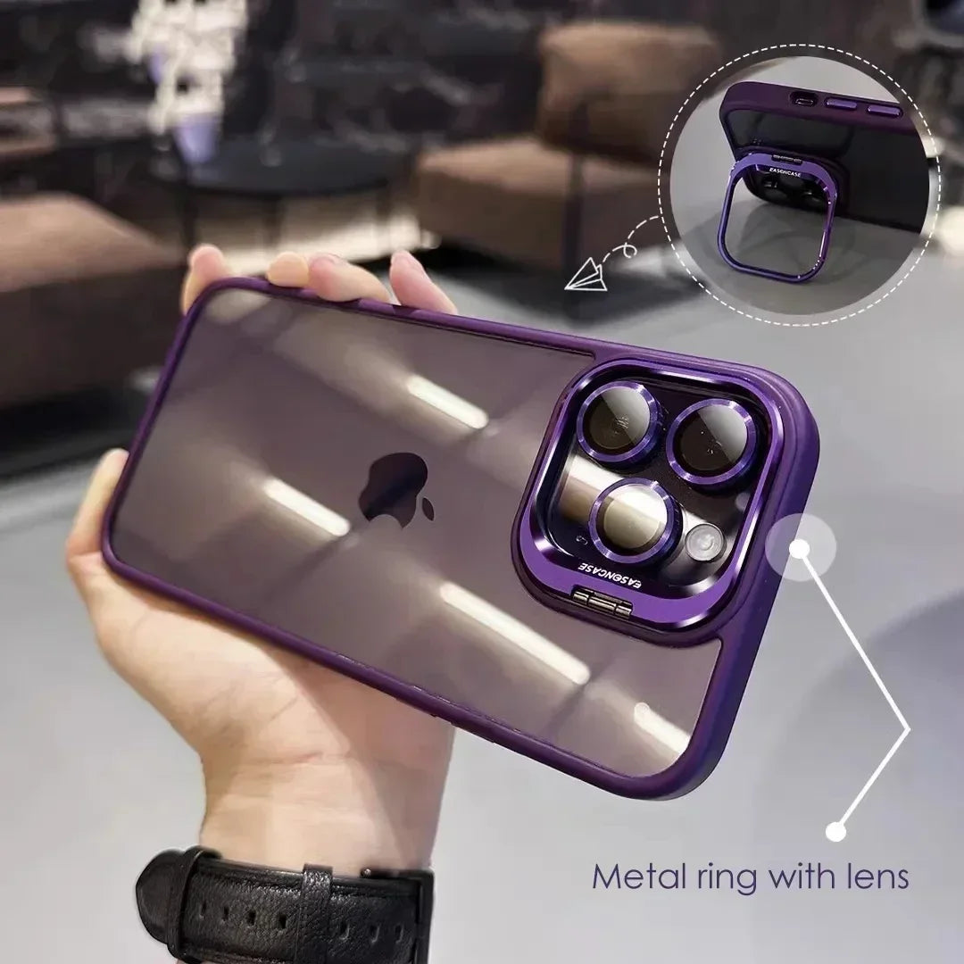 Lens Metal Ring Protector Stand Case for IPhone 16 14 11 12 13 15 Pro Max Plus Camera Glass Lens Protection Transparent Cover