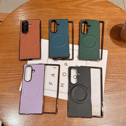 Lichee Pattern Leather Magnetic Case For Samsung Galaxy Z Fold 7 6 5 4 3 5G For Magsafe Phone Protection Hard Cover Shockproof