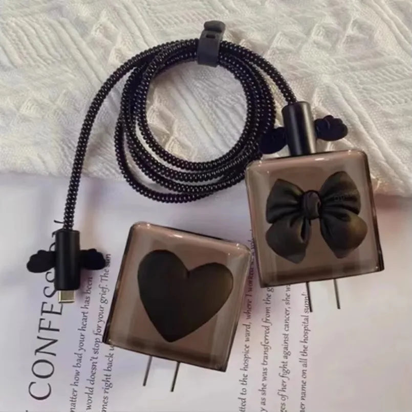 Black Love Bow 18W/20W USB Charger Protective Case Sets Cable Protector For Apple iPhone 16 15 Charging Cable Data Charger Rope