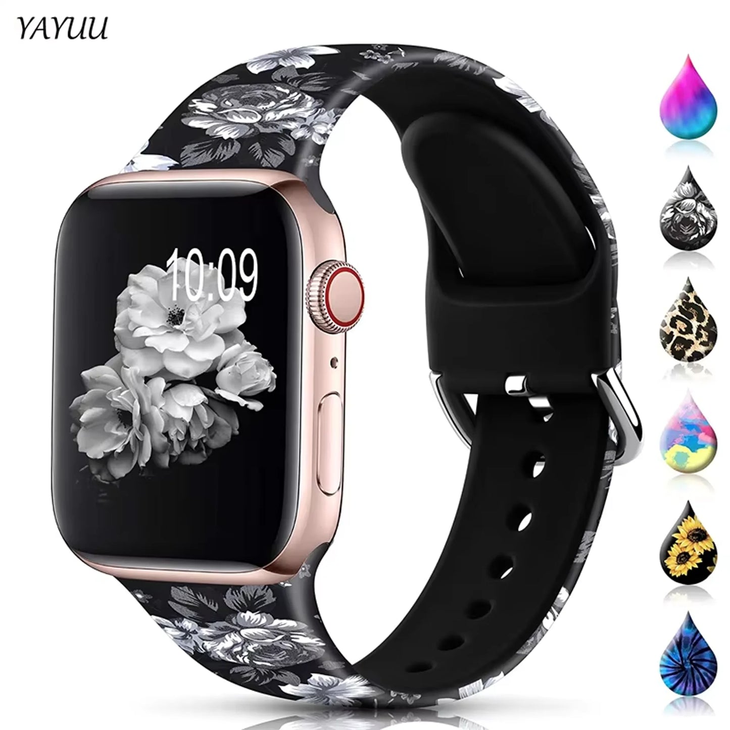 YAYUU Sport Band for Apple Watch Bands 40mm 41mm 44mm 45mm Floral Silicone Printed Pattern Straps for iWatch Series 7 6 5 4 3 SE