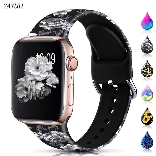 YAYUU Sport Band for Apple Watch Bands 40mm 41mm 44mm 45mm Floral Silicone Printed Pattern Straps for iWatch Series 7 6 5 4 3 SE