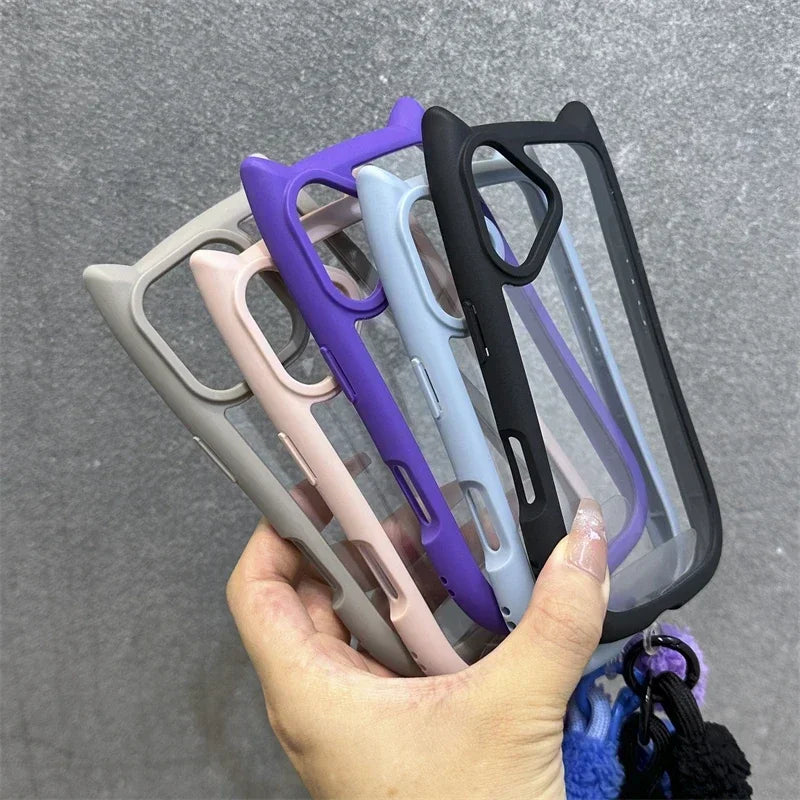 3D Cat Ear Cute Lanyard Magnetic Transparent Case For iPhone 16 15 14 13 12 ProMax Plus 11 Wristband Clear Magsafe Cover