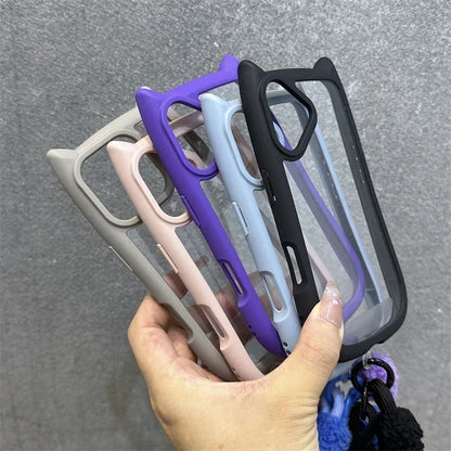 3D Cat Ear Cute Lanyard Magnetic Transparent Case For iPhone 16 15 14 13 12 ProMax Plus 11 Wristband Clear Magsafe Cover