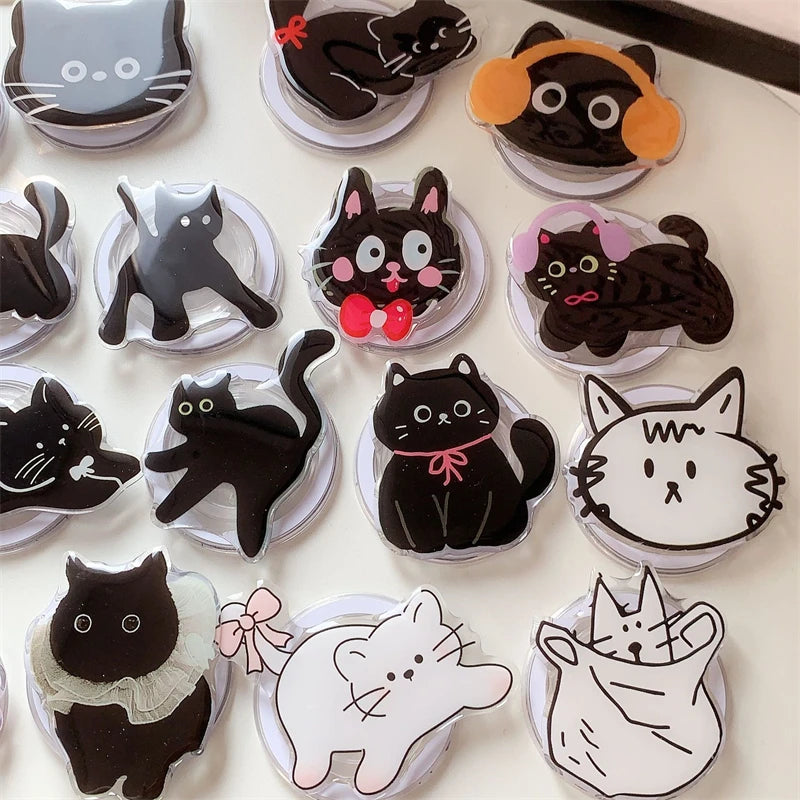 Korean Cute Cartoon Black Cat For Magsafe Magnetic Phone Griptok Phone Holder Stand Universal Phone Ring Grip Tok For iPhone 15
