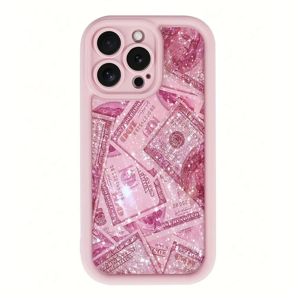 Pink Dollars Full-Coverage Banknote Design Silicone Phone Case For iPhone 16 15 14 13 12 11 Pro Max X XS XR 7 8 Plus Cover