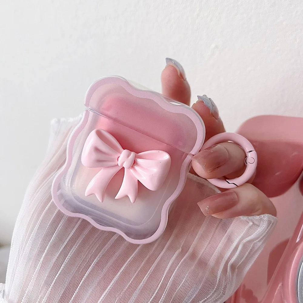 3D Bow Wave Earphone Case for Apple AirPods 1 2 Case Pink Floral Girls Cover for AirPods Pro Wireless Box With Keychain